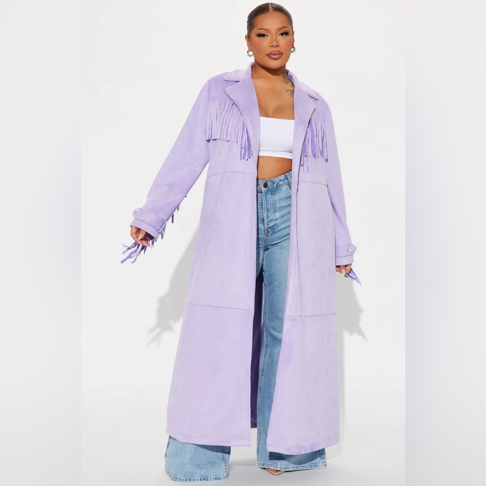 - Fatima Fringe Faux Suede Trench Lavender - Picture 5 of 7